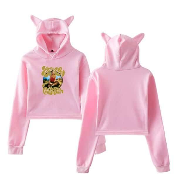 Youth pink hoodie and sweatpants set with cat ears, featuring a colorful graphic print, made from inexpensive yet high-quality fabric, perfect for stylish casual wear.