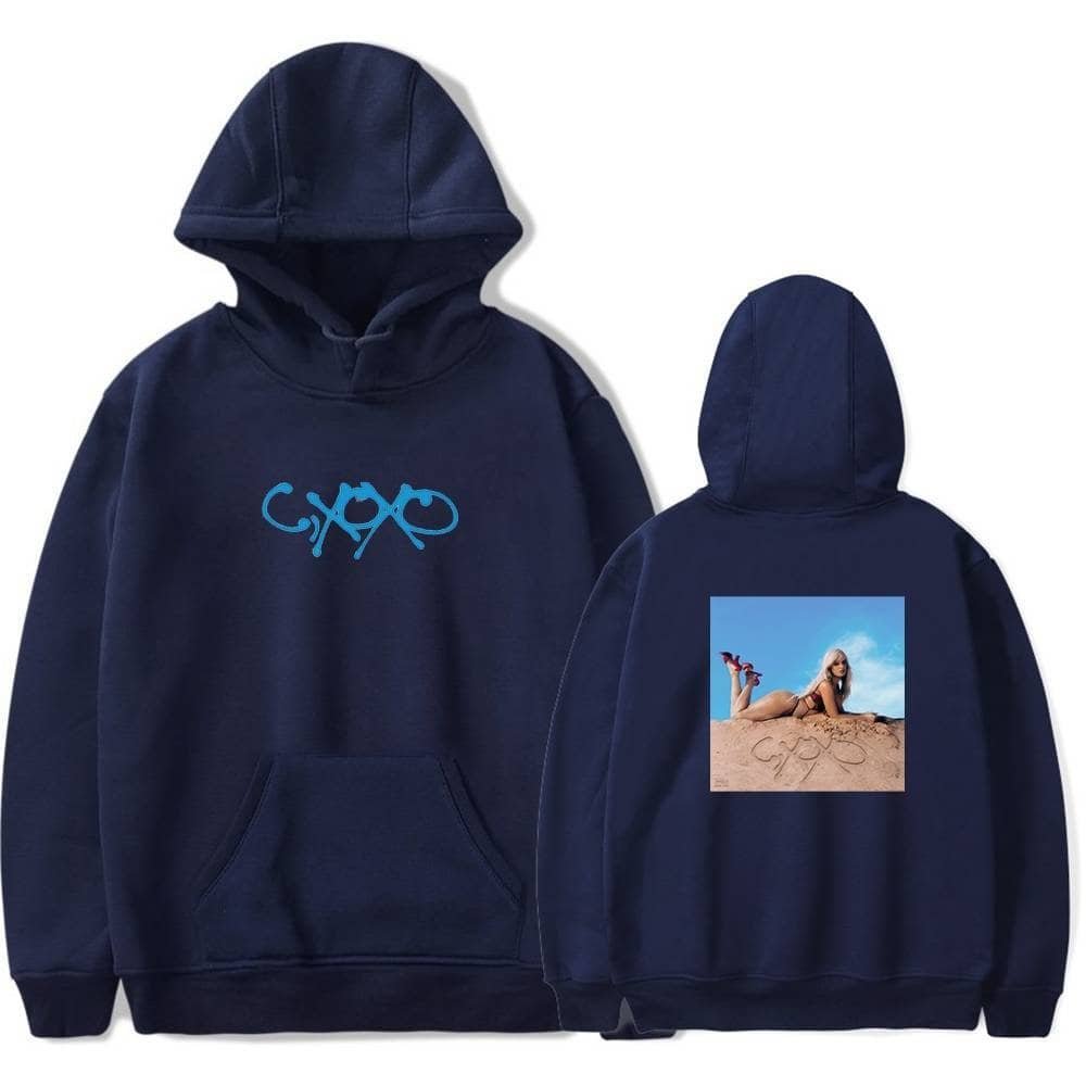 Comfortable navy hoodie with front logo and back photo print, perfect for casual daily wear.