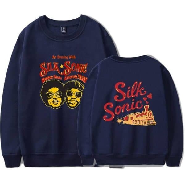 Silk Sonic sweatshirt with vibrant graphic design featuring animated train and duo; affordable, high-quality merch.