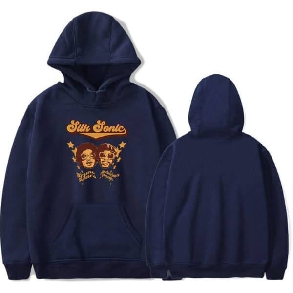Silk Sonic hoodie with graphic print of Bruno Mars and Anderson .Paak in retro style. Perfect for fans and casual wear. Affordable high-quality merch.