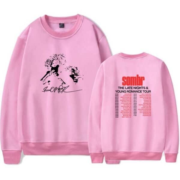 Affordable high-quality pink custom sweatshirt featuring a bold design and tour dates. Perfect for fans and everyday wear. Get the best mix of style and affordability with our merch.