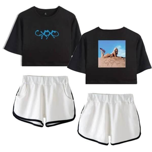 Cyoo black crop top with blue logo and beach girl graphic on back, white athletic shorts with black trim, affordable high-quality merchandise, stylish casual wear for fans and trendsetters.