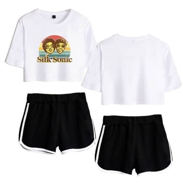 Silk sonic graphic crop top and black athletic shorts with white trim, casual streetwear style, affordable high quality merchandise.
