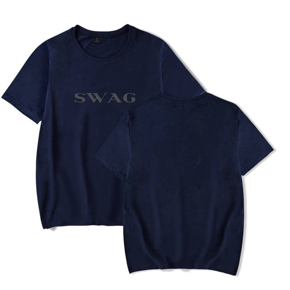 Sleek navy blue T-shirts with "SWAG" printed on the front, available in bulk for affordable, high-quality merchandise. perfect for promoting brand identity or personal style at low cost.