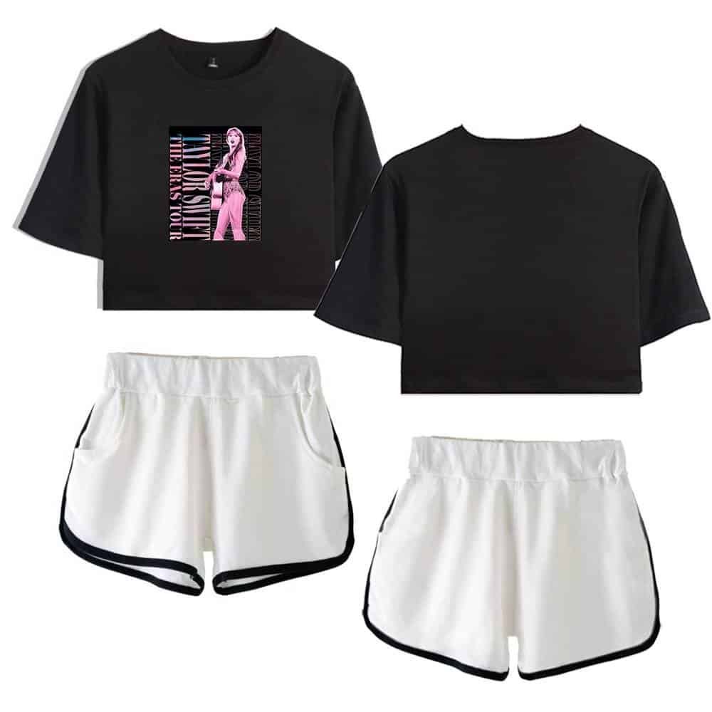 Black cropped T-shirt with vibrant graphic design and white athletic shorts with black trim. Perfect for a casual, trendy look that combines comfort and style. Affordable, high-quality streetwear essentials.