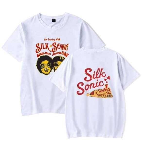 Silk Sonic graphic t-shirts, affordable high-quality merch for fans of Bruno Mars and Anderson .Paak. Perfect for casual wear and concerts, combining retro design with a fun, vibrant style.