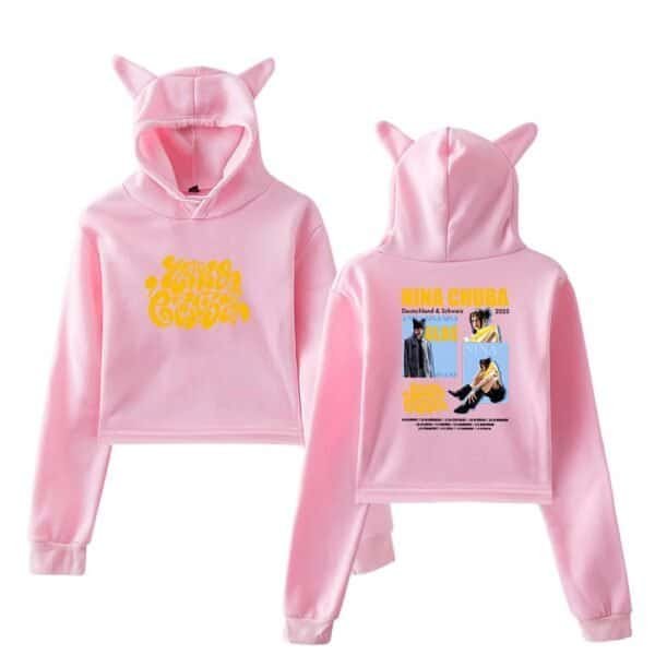 Comfy pink hoodie with playful graphic design, featuring animal ears on the hood, perfect for stylish casual wear and comfortable everyday use.