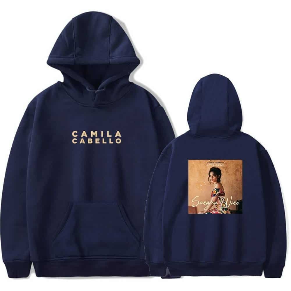 High quality navy blue hoodie featuring Camila Cabello's name and album cover design, perfect for fans seeking affordable yet stylish merch.