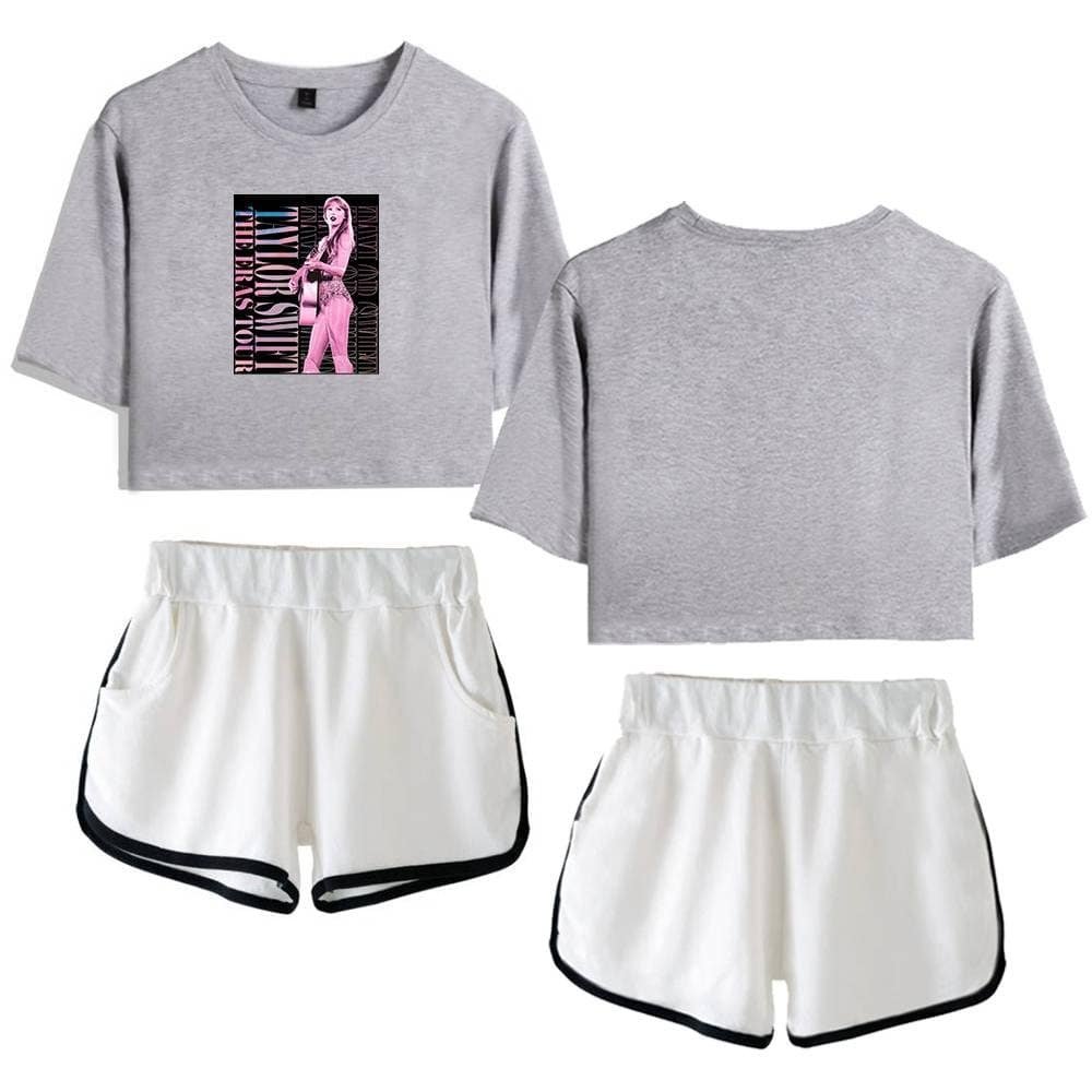Casual gray graphic crop top with pink design and white athletic shorts, affordable high-quality merchandise for sports or leisure wear.