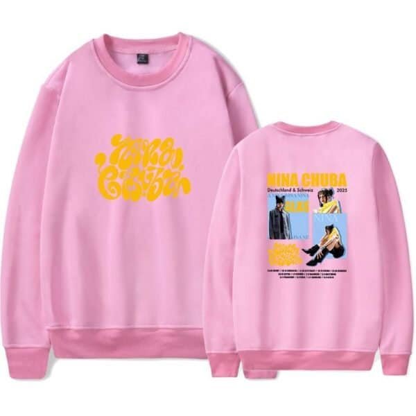Pink sweatshirt with yellow text and graphics, casual high-quality apparel cheap hoodie top oversized hoodie cheap high quality merch colorful graphic sweatshirt.