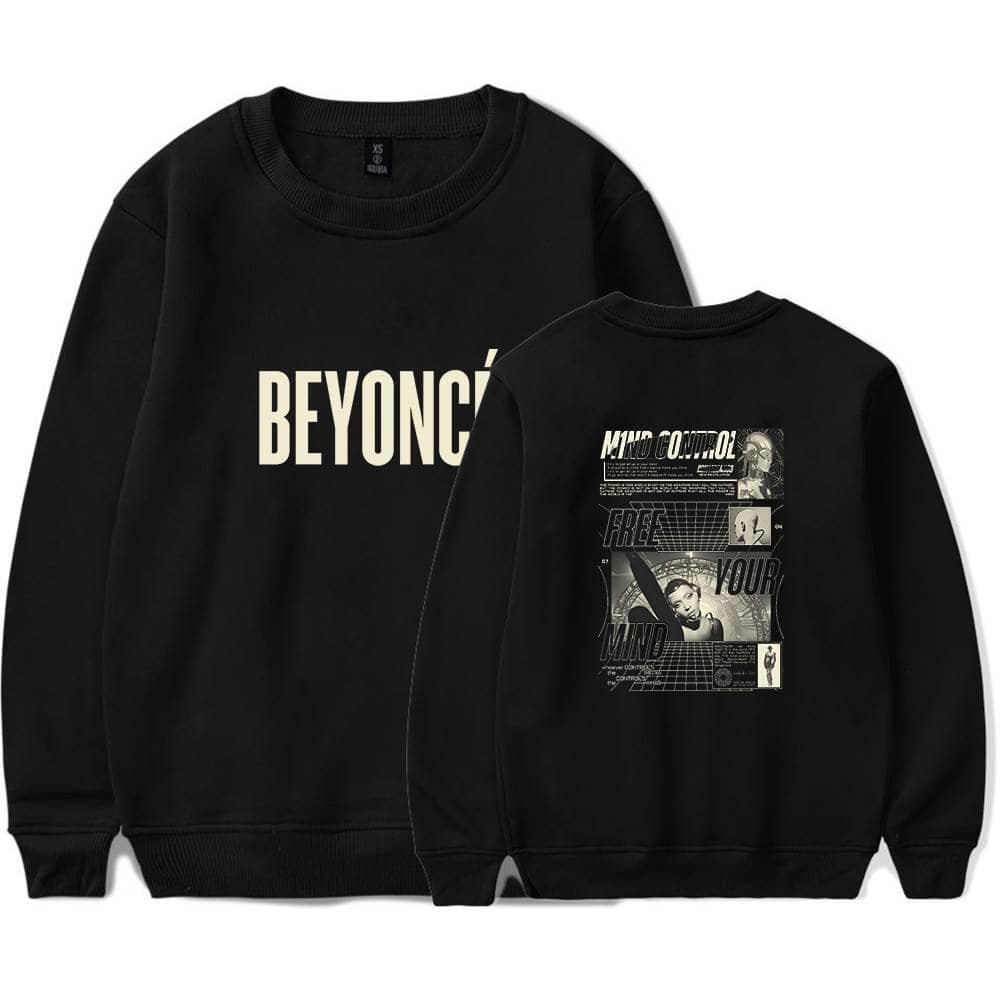 Soft black sweatshirts with bold and stylish graphic designs featuring Beyoncé and futuristic text, perfect for affordable, high-quality merchandise collection.