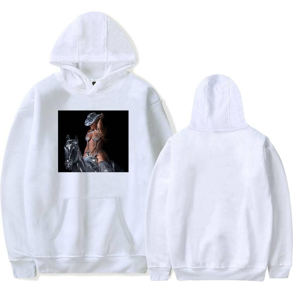 High-quality white hoodie with a stylish graphic of a woman on a horse, perfect for affordable fashion statements.