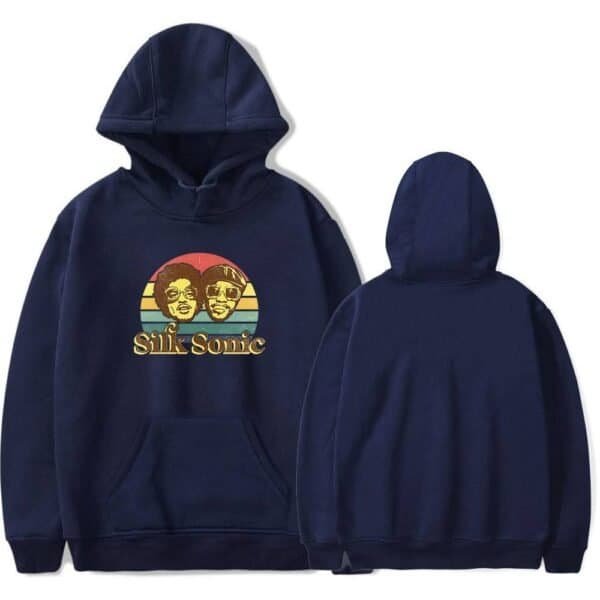 Silk Sonic hoodie in navy blue featuring a retro-style graphic of the band members with "Silk Sonic" text, made of high-quality, affordable materials for a stylish, cheap, and durable merchandise option.