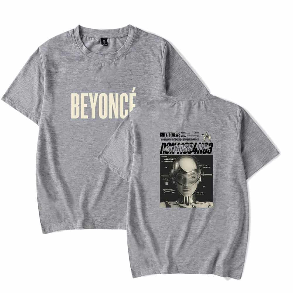 High-quality gray Beyoncé-themed graphic T-shirt, affordable and perfect for fans. Durable fabric with stylish design, combining iconic poetry and futuristic art, great for casual wear and gifting.