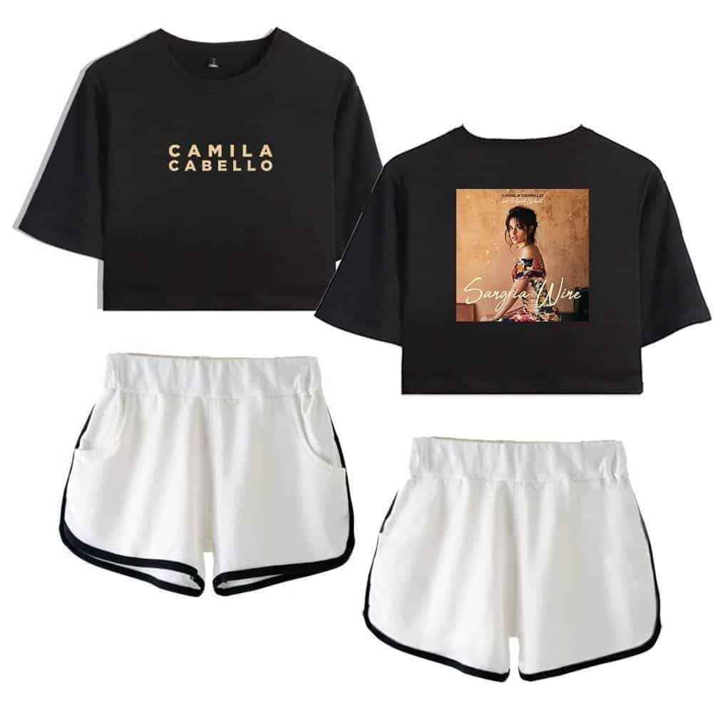 Black crop top with Camila Cabello text and album cover print, white athletic shorts with black trim.