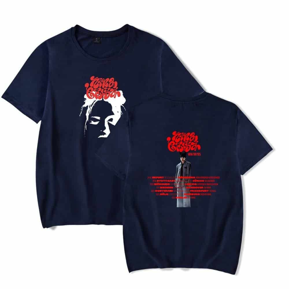 High-quality navy blue T-shirts featuring affordable, trendy graphic designs with vibrant red text and artistic imagery for stylish casual wear.