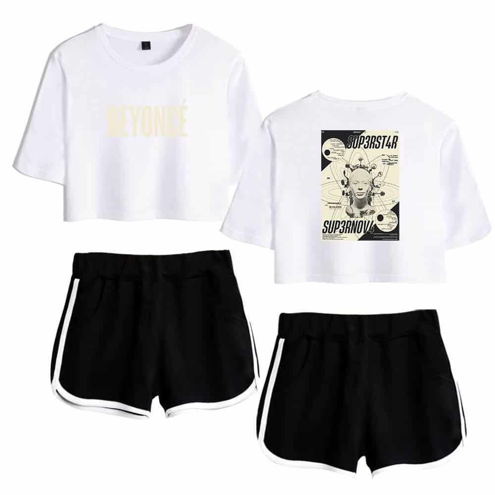 White cropped t-shirt with Beyonce logo, black athletic shorts with white trim, stylish and affordable fashion set, perfect for casual wear or workouts, high quality yet inexpensive merchandise, trendy and comfortable.