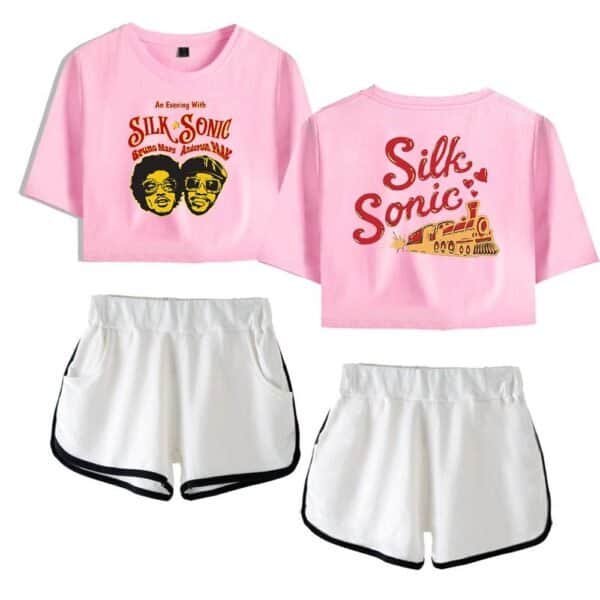 Silk sonic pink crop top and shorts set, high-quality, affordable merchandise with vibrant graphic design featuring cartoon train and band members, perfect for fans or casual wear.
