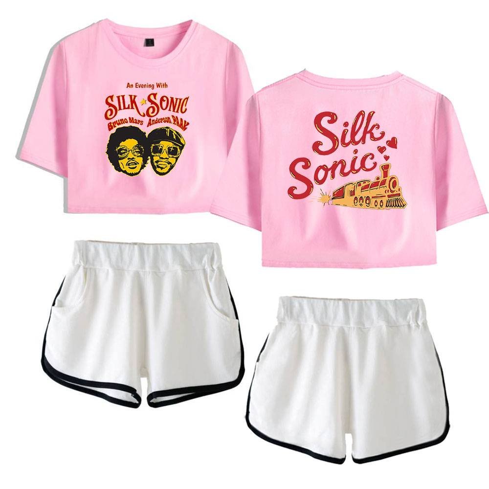Silk Sonic pink graphic crop top and shorts set, affordable high-quality merch for fans of Bruno Mars and Anderson .Paak.