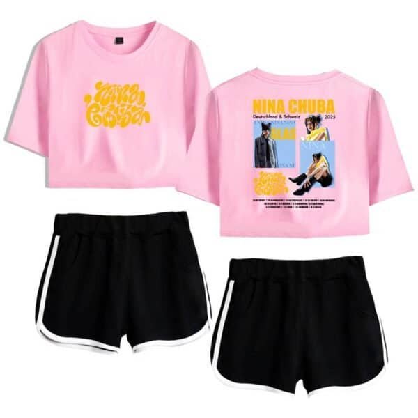 Pink t-shirt with bold yellow graphic print, black athletic shorts with white trim, casual streetwear style, affordable high-quality merchandise, trendy and comfortable.