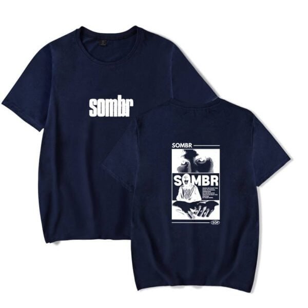 Sombr t-shirt with bold graphic print and minimalist design in navy blue, showcasing stylish and affordable merchandise for fans and fashion enthusiasts alike.