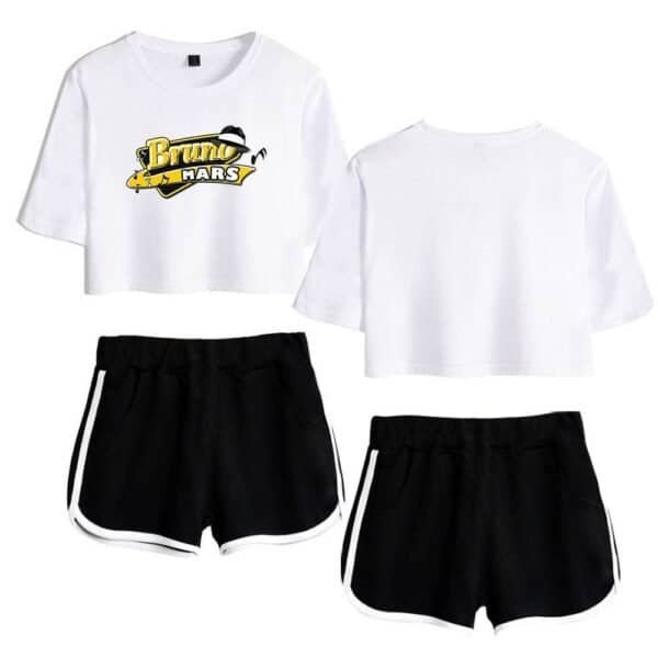 Bruno Mars graphic crop top and athletic shorts set on display, ideal for casual wear or sports. Affordable, high quality merchandise featuring trendy designs perfect for fans and active lifestyles.