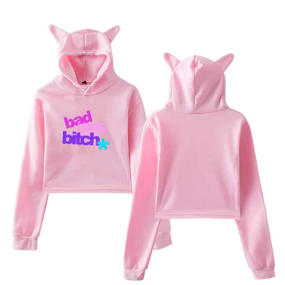 Bad b**** hoodie with cat ears in pink, soft and affordable high-quality sweatshirt for trendy casual wear, featuring bold text design and playful details.
