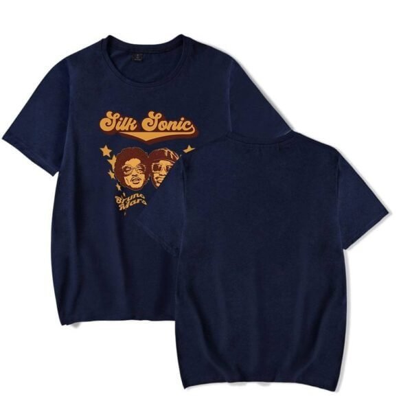 Silk sonic graphic t-shirt, high quality casual crewneck, navy blue unisex short sleeve tee, retro style print, affordable merch for music fans, durable cotton fabric, perfect for everyday wear, stylish logo design, budget-friendly price point, trendy band merchandise.