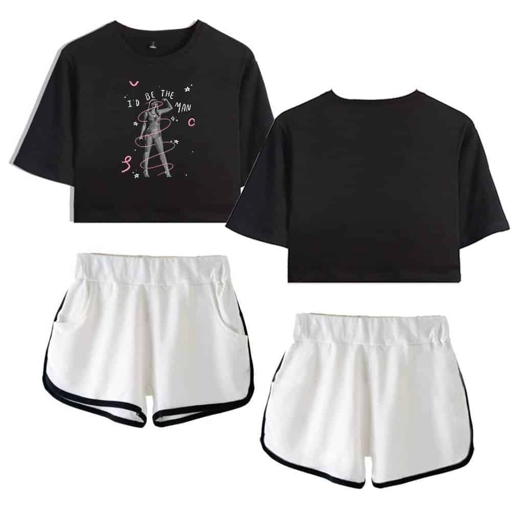 Cheap high quality merch casual sporty outfits featuring black cropped t-shirts with graphic designs and white athletic shorts with black trim for a stylish, budget-friendly look.