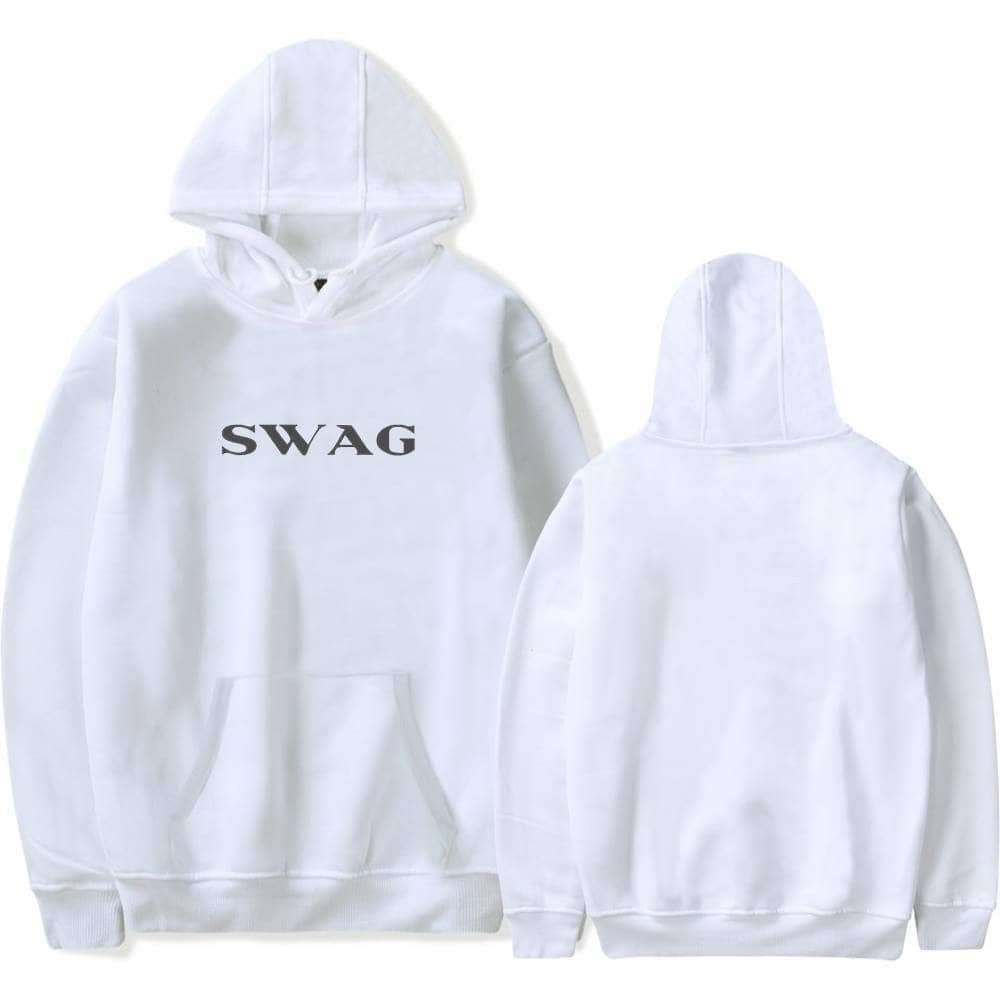 White hoodie with "SWAG" printed on front, high-quality comfortable fabric, affordable price, trendy streetwear style, perfect for casual wear and expressing individuality, suitable for all genders.
