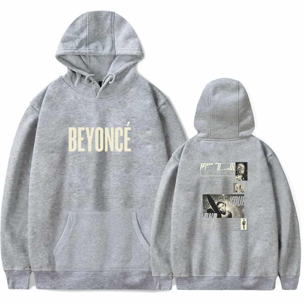 High quality gray hoodie with Beyoncé print, affordable price and stylish design. Perfect for fans and casual wear. Durable material, soft and comfortable for everyday use.