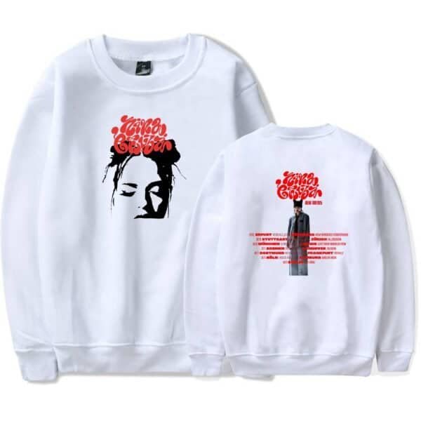 Comfortable white sweatshirt featuring bold, artistic red and black graphic design, ideal for affordable high-quality streetwear fashion.