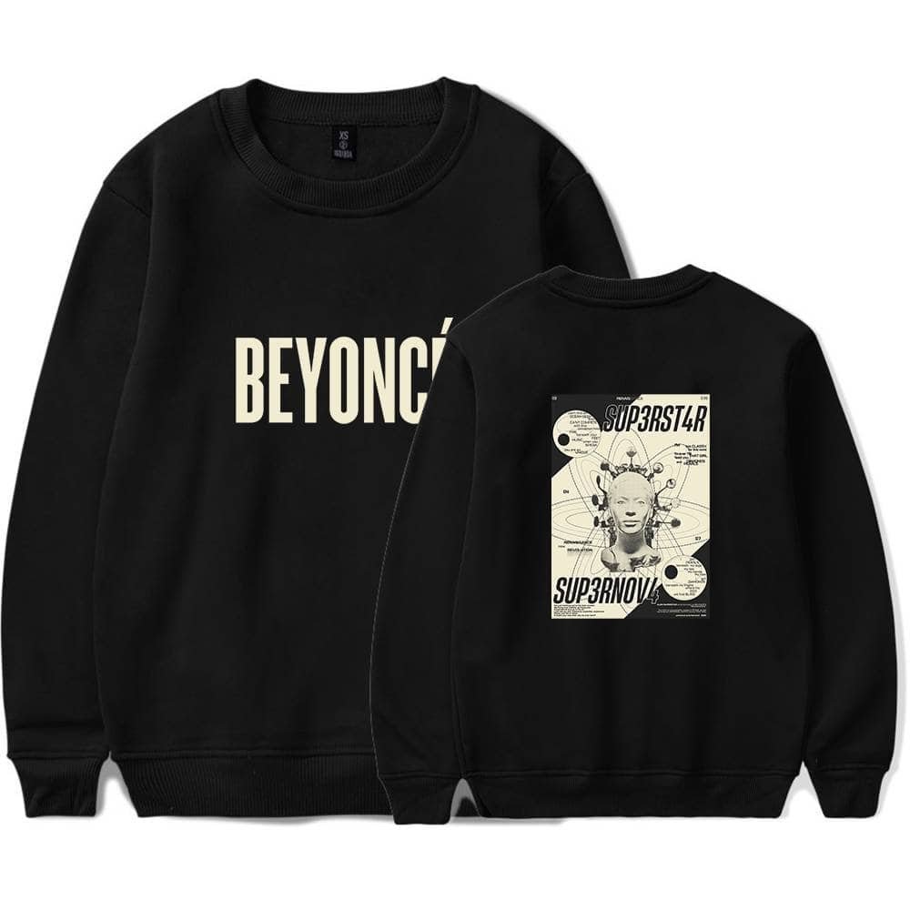 Black hoodie with Beyoncé graphic and futuristic design, high-quality material, affordable price option, perfect for fans of stylish and cheap merch.
