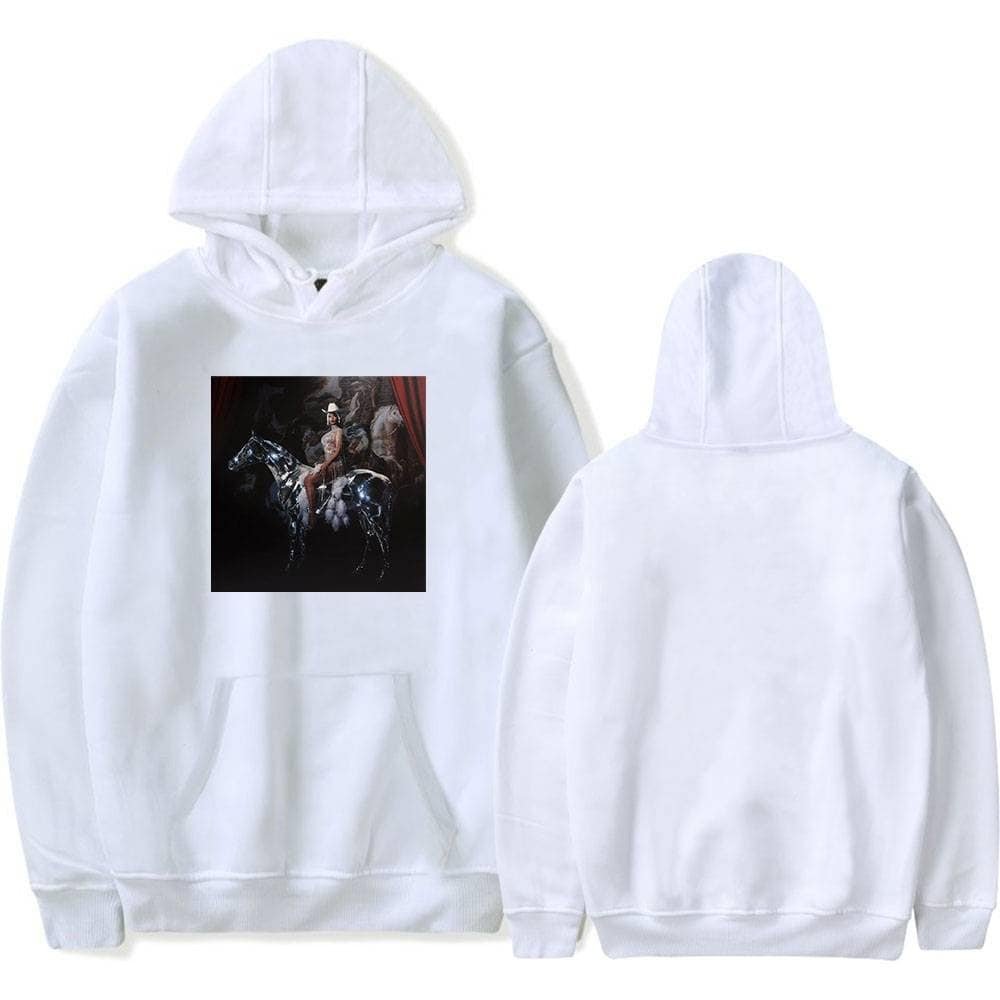 High-quality white hoodie featuring a bold printed graphic of a mounted cowboy on a black horse with a dark background and red curtains. Perfect for casual wear, showcasing trendy street style.