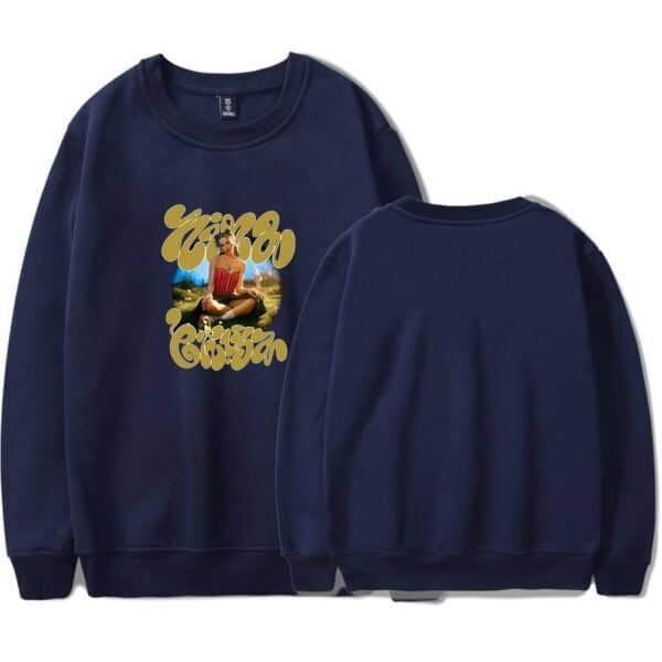 Comfortable navy sweatshirt featuring a vibrant graphic design of a woman practicing yoga outdoors. Made from affordable, high-quality materials, perfect for stylish casual wear.