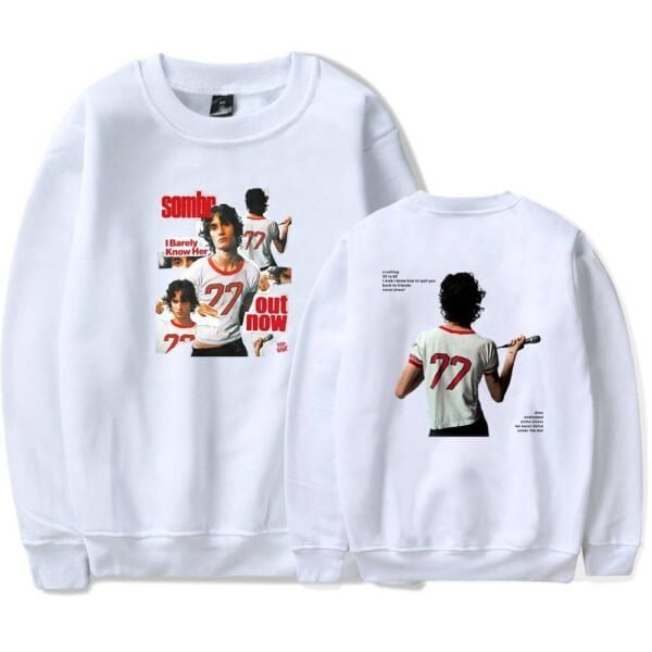 Comfortable white sweatshirt featuring a trendy graphic design of a woman with curly hair, red accents, and bold text, offering affordable, high-quality casual wear.