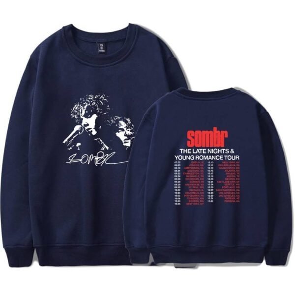 Vintage music tour sweatshirt featuring artwork of the band Sombr and their tour dates, made with affordable yet high-quality materials, perfect for fans and casual wear.