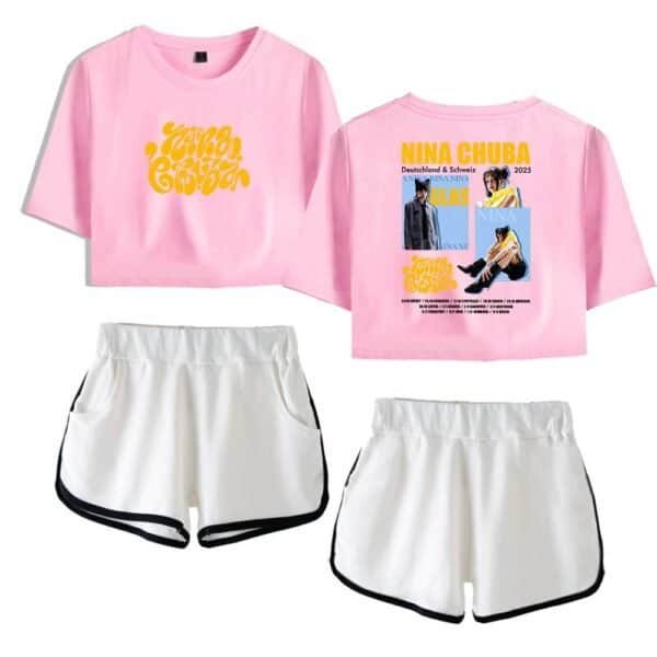 Pink graphic crop top and shorts set, affordable high-quality merchandise for casual wear and fashion enthusiasts, featuring trendy designs and comfortable fabric.