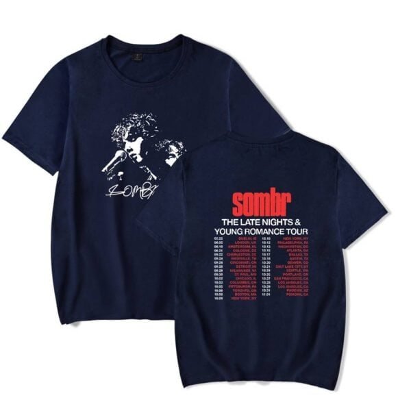 Vintage band t-shirt featuring a black and white image of a singer with a signature, and the tour dates of Sombr's Young Romance Tour in bold red and white text. Perfect for music fans seeking affordable, high-quality merch.