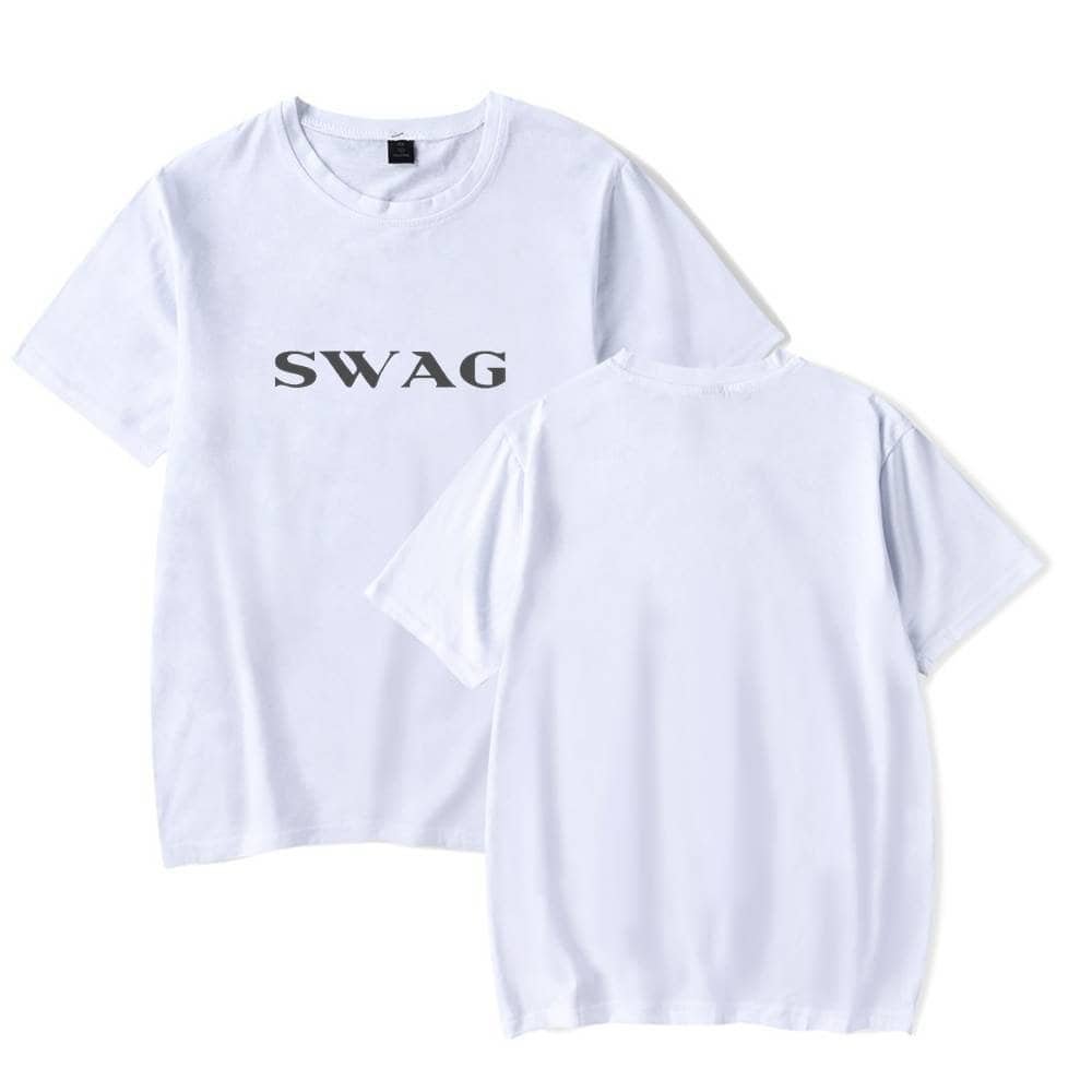 White unisex t-shirts with bold "SWAG" print, affordable and high-quality material, perfect for casual wear or street style fashion. Great value for trendy, inexpensive merch options.