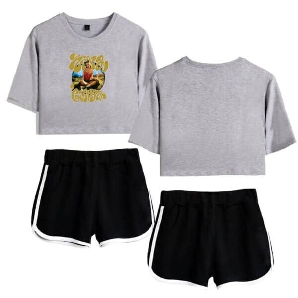 Black and gray crop top and athletic shorts set, casual and affordable high-quality merchandise, perfect for stylish, comfortable streetwear or workout outfits.