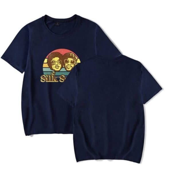 Cheap high quality merch t-shirt featuring a retro-inspired graphic of two people with sunglasses and the text "Silk S". Durable, comfortable, and affordable for everyday wear or fans of vintage style.