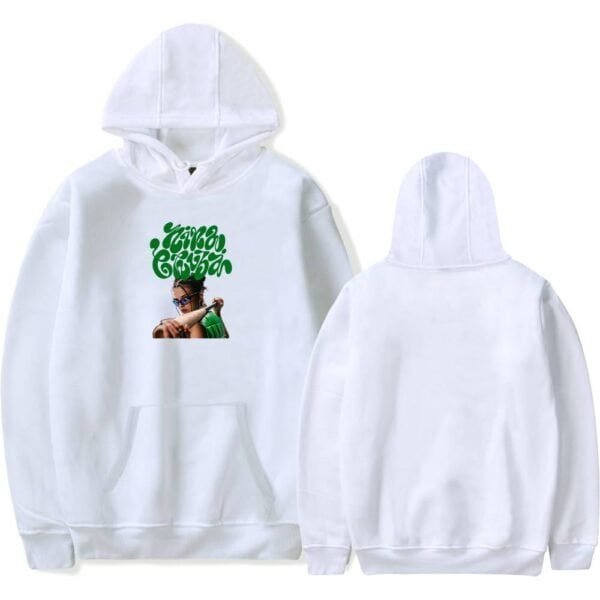 High quality white hoodie with a colorful graphic print of a woman and stylized text on the front. Affordable merchandise with premium fabric and vibrant design. Perfect for casual streetwear.