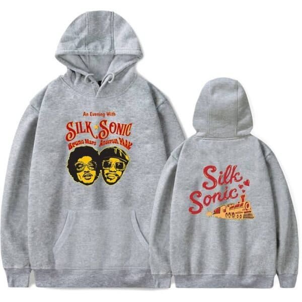 Silk Sonic hoodie with colorful printed graphics of the band members and the train motif from their logo, perfect for fans seeking affordable, high-quality merchandise.
