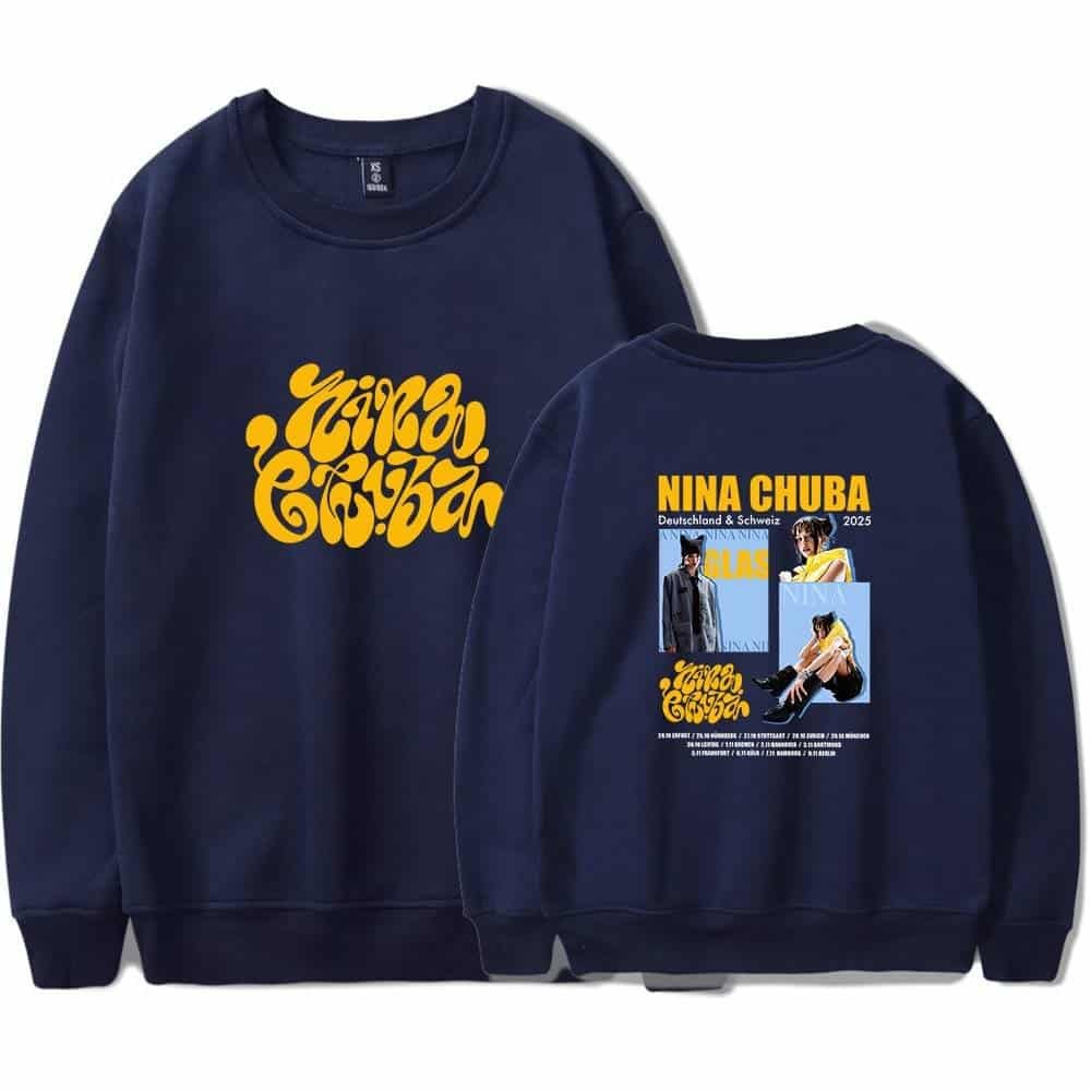 Comfy navy blue sweatshirt with vibrant yellow graphic design and artist Nina Chuba concert details, perfect for affordable high-quality merch.