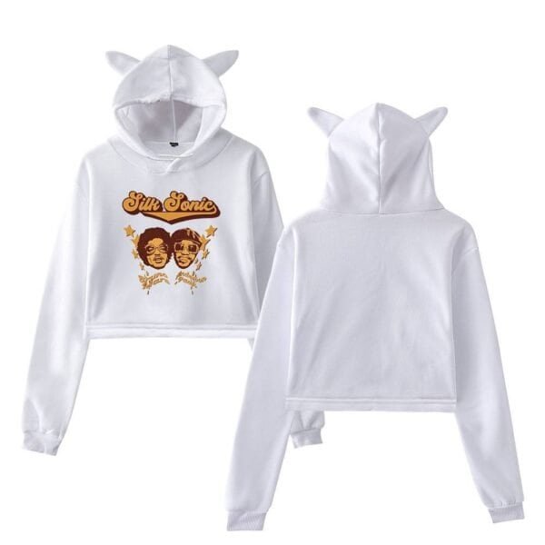 High-quality white hoodie and sweatpants set with cute animal ears, featuring a stylish graphic of Silk Sonic characters with bold text highlighting affordable, top-notch merchandise for fans.