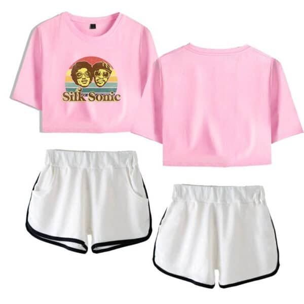 Silk sonic pink graphic tee and white athletic shorts set, casual high-quality merchandise for fans, affordable price, stylish and comfortable, perfect for everyday wear and shows.