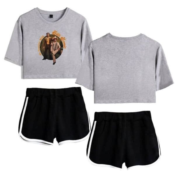 Comfy grey crop top with graphic print, paired with affordable black athletic shorts with white trim, perfect for casual high-quality merch.