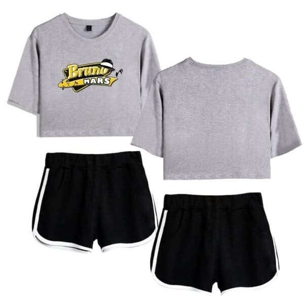 Bruno Mars t-shirt with a sporty design on a light gray background, paired with black athletic shorts. Affordable, high-quality merch perfect for fans and casual wear.