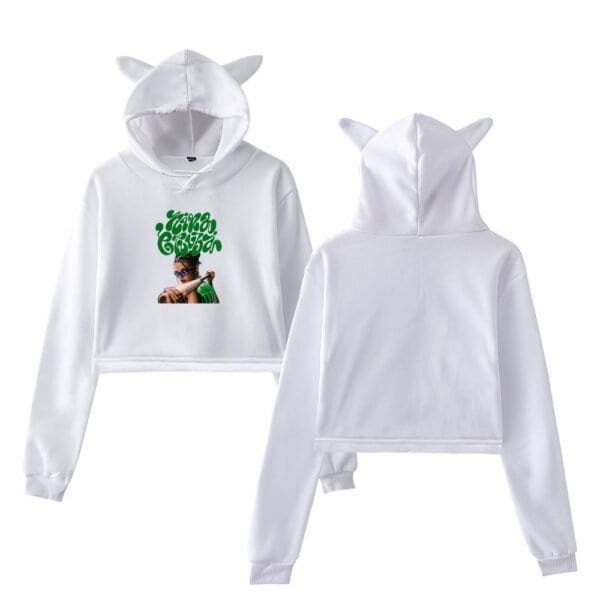 High-quality white hoodie and jogger set with cute animal ears on the hood, featuring a colorful graphic print for a trendy and affordable streetwear look.
